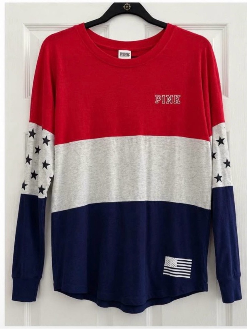 PINK Colorblock Long Sleeve Tee - Red, grey & Navy SEQUIN ‘MERICA